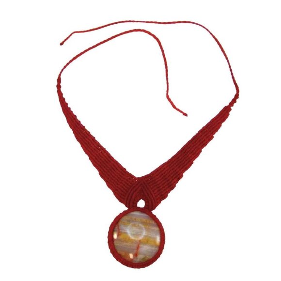 Handcrafted Burgundy Macrame Necklace with Natural Stone Pendant - Picture 3 of 11